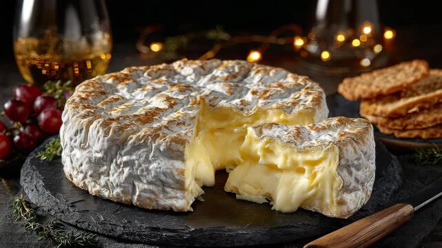 Creamy Brie Cheese with Melted Center, Gourmet Brie Cheese Close Up, Soft Brie Cheese with Crackers, creamy brie cheese wheel gourmet camembert luxury cheese platter  brie cheese, gourmet cheese, 