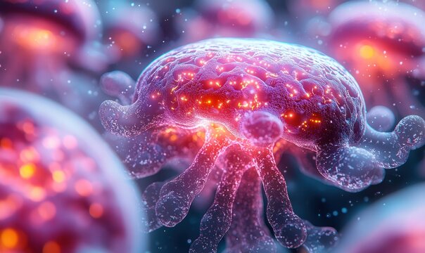 Close-up of glowing jellyfish-like organisms.  Abstract scientific image