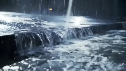 Heavy rain falls at night on a city street, causing water to accumulate and flow over the pavement and into a drainage grate. The scene is dark with reflections of streetlights.