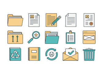 Collection of colorful office icons for web design featuring documents folders and stationery representing business administration and organization
