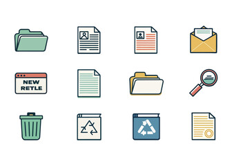 Collection of colorful and modern document and data icons representing file management and office paperwork essential for productivity and organization