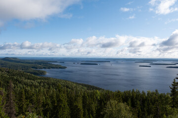 Enjoy a stunning view of Koli National Park, showcasing lush green forests and serene lakes. The perfect spot for hiking and connecting with nature amidst tranquil scenery during daytime in Finland