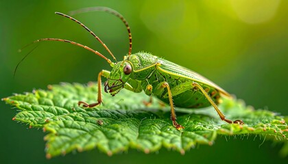 Fototapeta premium Close-up of vibrant green insect on leaf