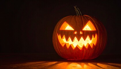Obraz premium Glowing jack-o'-lantern with classic carved face in eerie Halloween darkness.