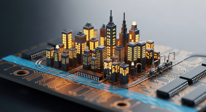 Technological Metropolis A Miniature Cityscape on a Circuit Board with Glowing Windows and Intricate Details Representing Innovation and Connectivity