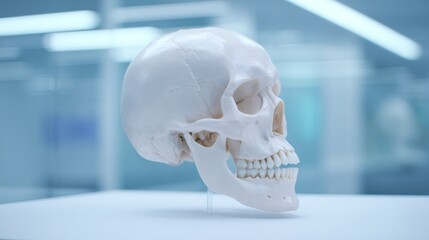 Anatomical human skull model. Medical science and education. Future healthcare technology, bioengineering and genetic research concept.