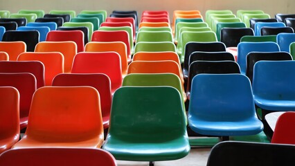 Fototapeta premium An image of colorful chairs arranged in neat rows