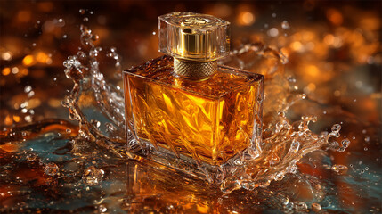 Golden perfume bottle with clear cap surrounded by splashing water on a reflective surface