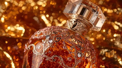 perfume bottle painted in intricate detail against a backdrop of shimmering amber. The bottle shines with golden accents, its curves reflecting the light in a captivating display of luxury.