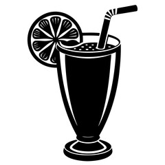 Black and white illustration of a tall glass with a drink and straw