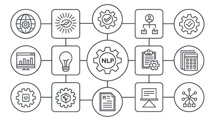 Natural Language Processing Concept Map in Linear Style. NLP Process Representation Connecting Data with Logic, Analysis, and Insights.               