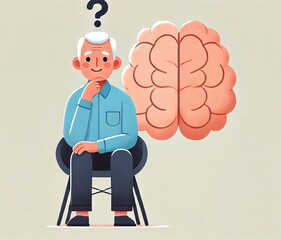 Obraz premium A minimalistic vector illustration of an elderly man with short gray hair, wearing a blue shirt and dark pants, sitting on a simple black chair