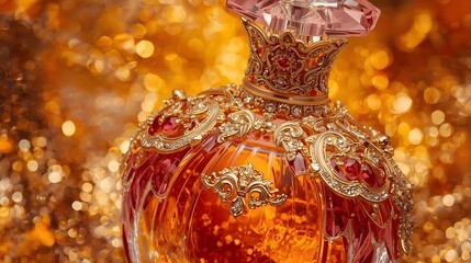 perfume bottle painted in intricate detail against a backdrop of shimmering amber. The bottle shines with golden accents, its curves reflecting the light in a captivating display of luxury.