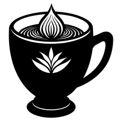 Black and white illustration of a teacup with a stylized leaf design and swirling liquid