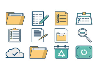 Collection of Document Icons for Business and Office Work with Folders and Checklists for Organization and Management