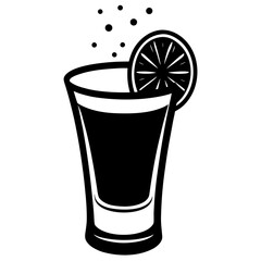 Black and white shot glass with lemon slice and bubbles