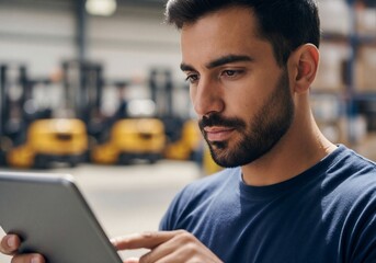 Young man using tablet while working in warehouse with forklifts  