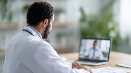 African american doctor having online video call with patient or colleague on laptop. Telemedicine concept for modern healthcare and consultation.