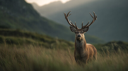 A majestic stag stands tall in a field of grass with mountains in the background on a cloudy day