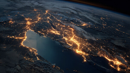 Fototapeta premium Earth at night city lights Adriatic Sea coastline Italy
