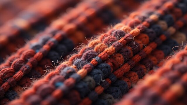 Colorful woven textiles display intricate patterns and textures in vibrant hues of orange and blue