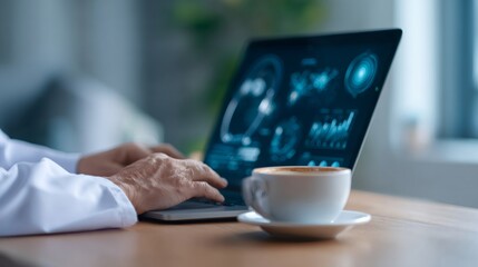 Man's hands typing on laptop keyboard with futuristic medical interface on screen. Healthcare technology and artificial intelligence concept.