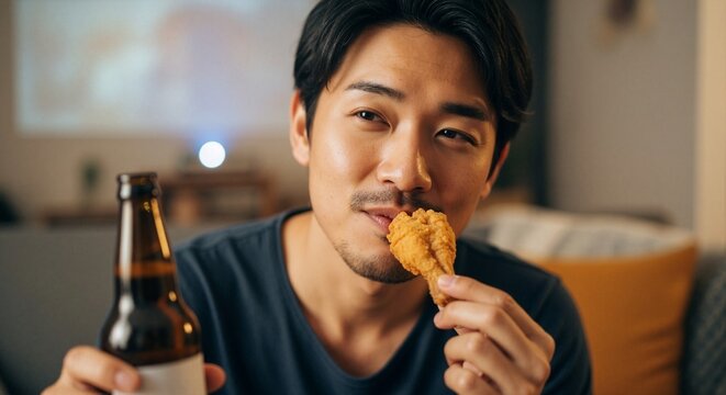 Young man enjoying beer and fried chicken at home in relaxed mood   - Powered by Adobe