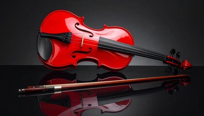 Fototapeta premium Red violin with glossy finish on dark reflective surface.