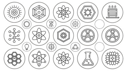 Science and Technology Icons: Simple line illustrations of scientific and technological concepts, suitable for use in various designs.                