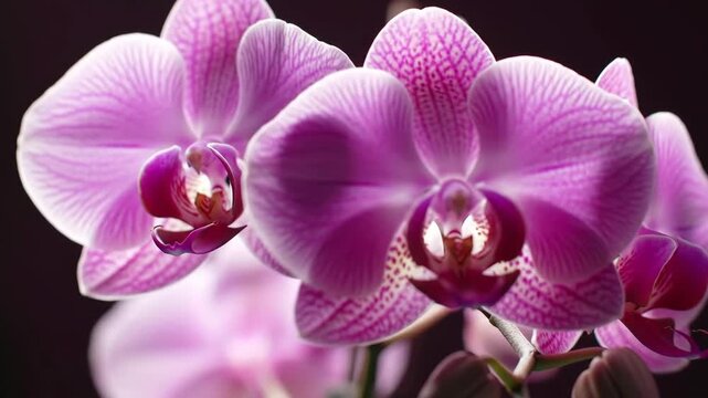 Close-up of purple and pink orchids on a dark background.