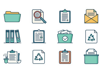 Collection of Office Paperwork and Document Icons Depicting Organization and Management for Business and Administration