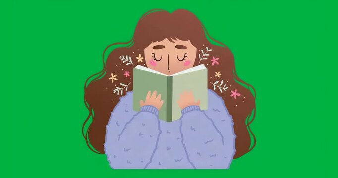 Female reader reading book on transparent background showing education with pastel floral doodles