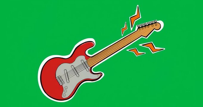 Red guitar floating on transparent backdrop with orange lightning bolts and music sound waves