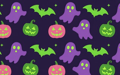 Cute Kawaii Halloween Seamless Pattern with Pumpkins and Ghosts