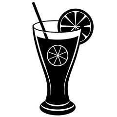 Black silhouette of a tall glass with a straw and orange slice