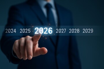 Businessman touching 2026 on a virtual timeline, symbolizing future planning, business new year goals, and strategic vision. Perfect for concepts of innovation