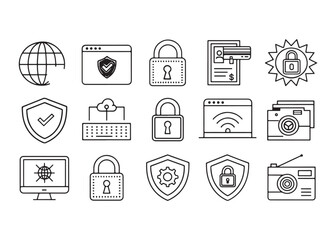 Collection of Security and Technology Icons with Padlocks Shields and Network Symbols for Data Protection and Cybersecurity Concepts