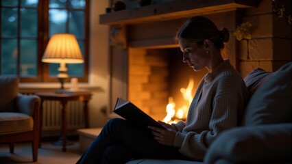 Enjoying a cozy evening of reading by the fireplace in a warmly lit living room