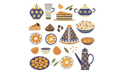 Traditional Moroccan Food Illustrations Tea, Sweets, Oranges, and Couscous Clipart
