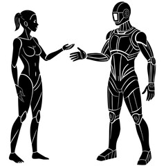 Humanoid robot and woman reaching hands android female