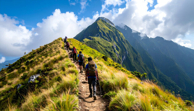 Hikers Ascending a Mountain Ridge Under a Blue Sky with Clouds.