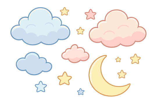 Cute cartoon night sky vector set with clouds, crescent moon, stars. Pastel colors for baby nursery decor, kids patterns, baby shower. Sweet dreams, sleepy weather icons. - Powered by Adobe