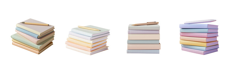A minimalist composition featuring a stack of pastel notebooks in various soft colors