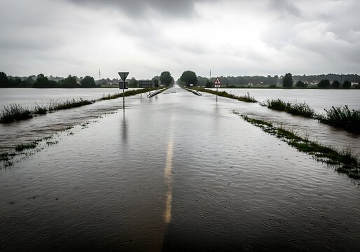 Submerged thoroughfare under a somber sky showcasing the impact of escalating weather events