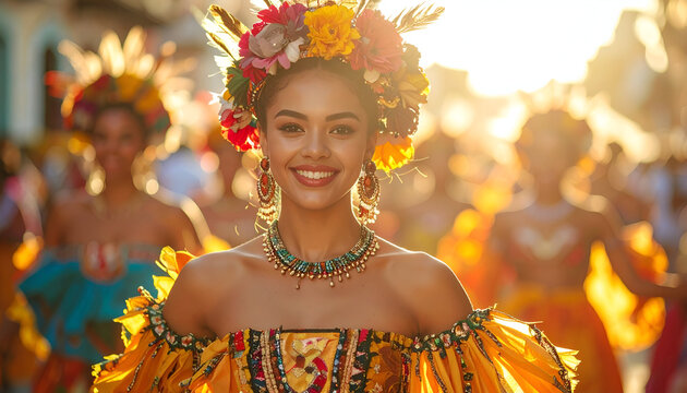 Beautiful Woman in Colorful Traditional Costume at Festival Parade.