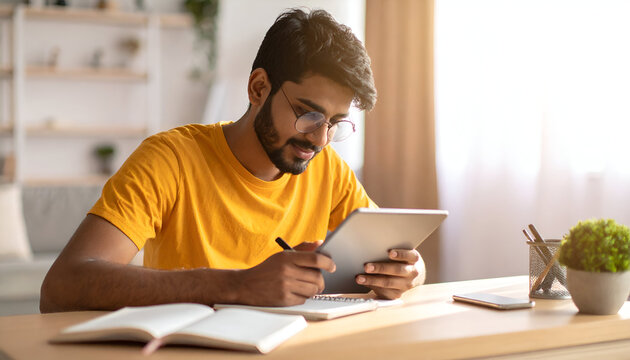 Young man working on tablet at home, studying, writing notes.
