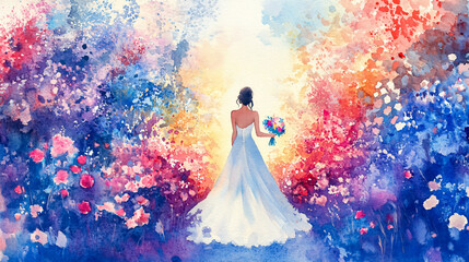 Watercolor Bride Walking Along a Colorful Floral Pathway