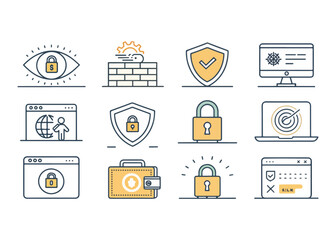 Cyber Security Icons Showing Internet Safety Data Protection and Secure Transactions for Online Business and Personal Security