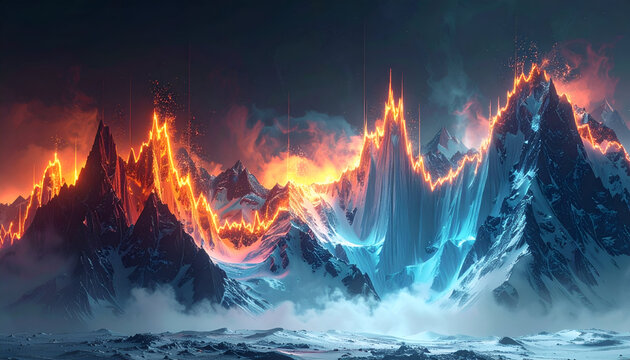 Dramatic Mountain Range with Fiery and Icy Peaks.