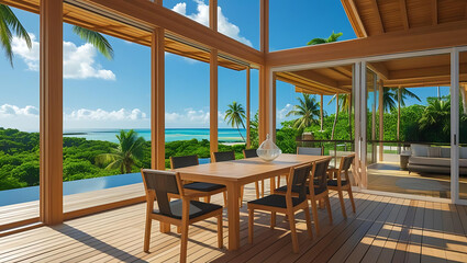 Fototapeta premium Luxurious open plan dining area with ocean views and modern wooden furniture